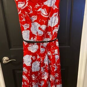 Tommy Hilfiger Red Midi Dress with Blue Floral Motif
